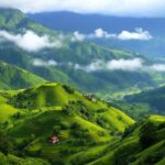 Lanskap indah Sumatera dengan bukit hijau dan gunung.